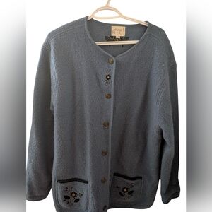 Vintage Elegant Blue Cardigan with Embroidered Details